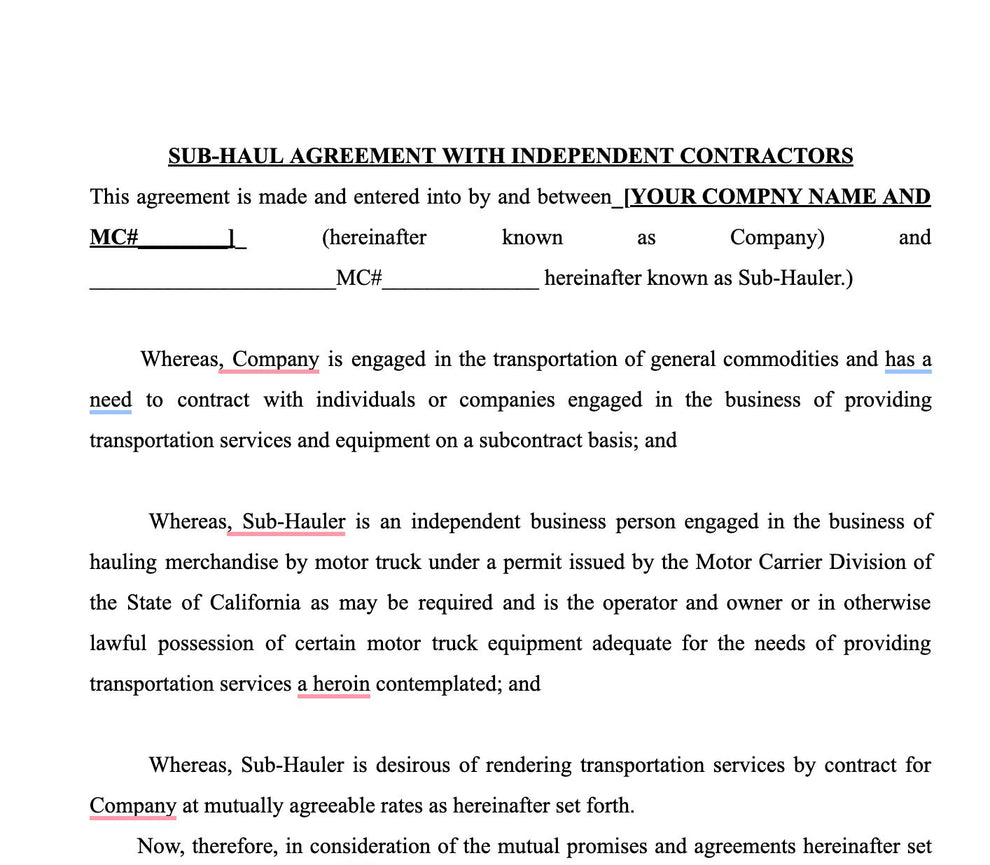 Sub Hauler agreement – Truck Documents and Courses
