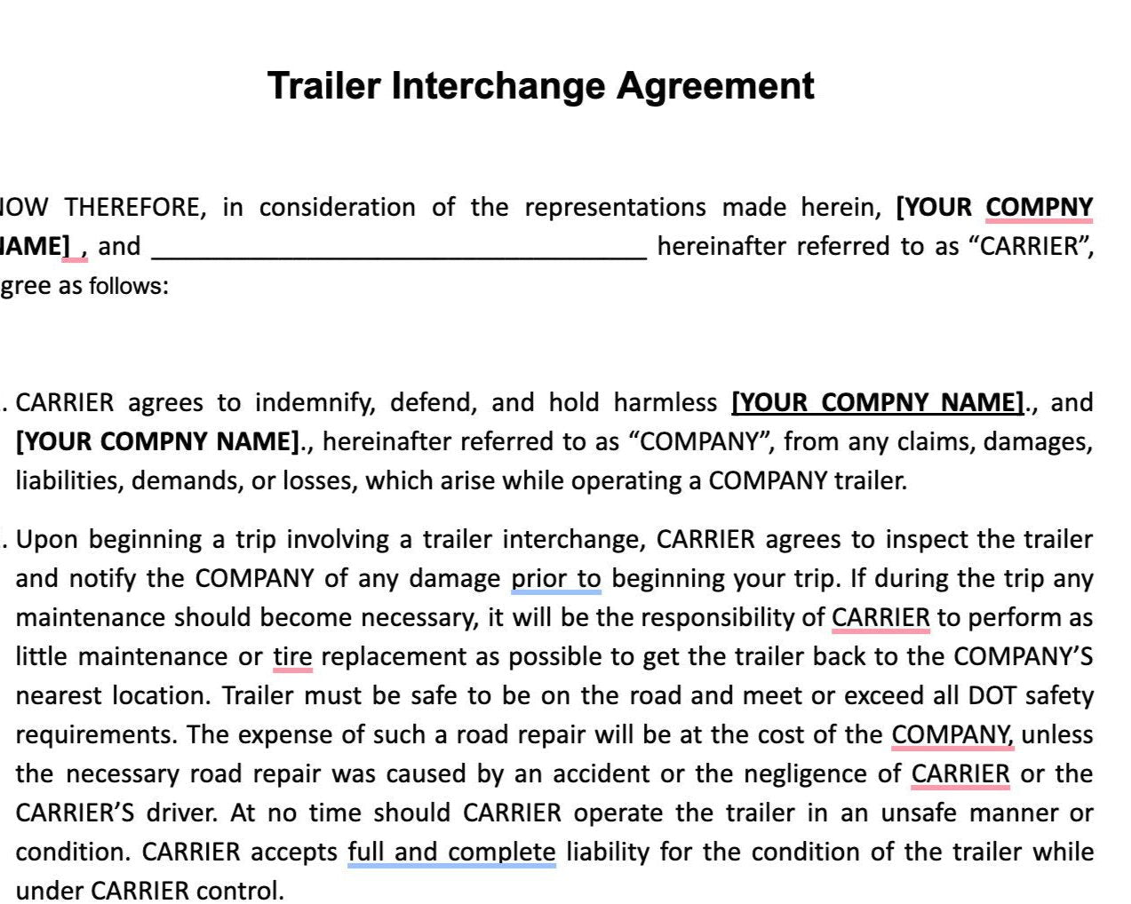 Trailer Interchange agreement